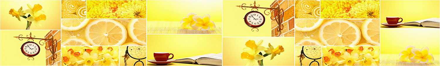 AN-1505 Скинали коллаж желтые цветы лимоны и часы
